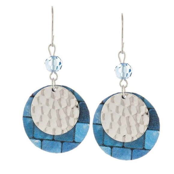 Blue Silver Hammered Circle Drop Earrings - Picture 3 of 4